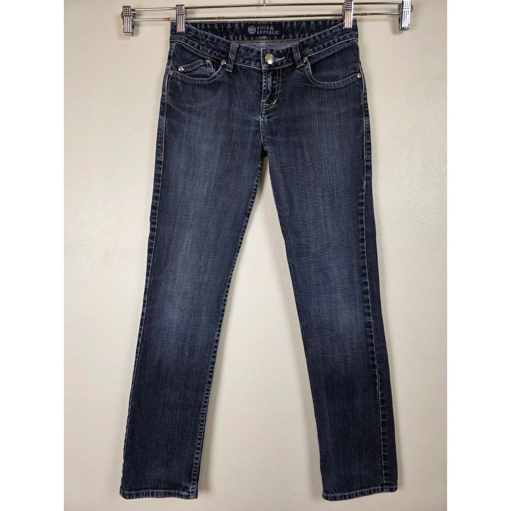 Rock & Republic Jeans Womens 27 Dark Wash Embroidered Skull Pockets Straight Leg